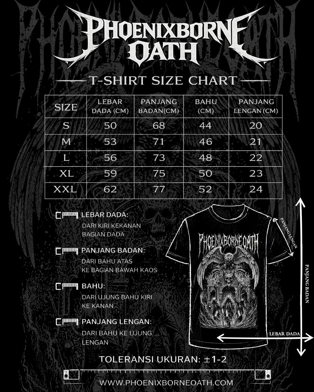 Phoenixborne Oath Broken Gate Tee size chart