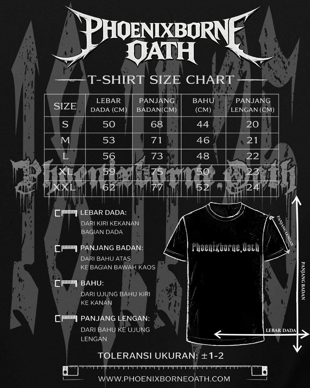 Phoenixborne Tee size chart